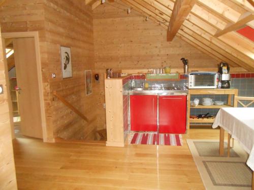 cocina con encimera en una habitación con paredes de madera en Gîte du Rotenberg, en Bergheim