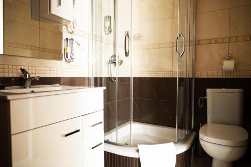 a bathroom with a shower and a toilet and a sink at Zajazd Kresowia in Sokółka