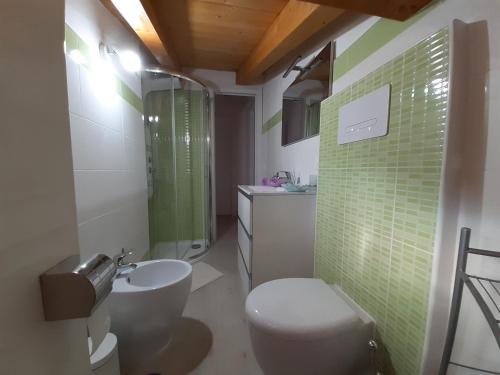a bathroom with a toilet and a shower and a sink at CarmineHolidayHouse in Pollica