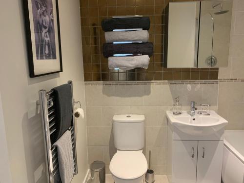 uma casa de banho com WC, lavatório e toalhas em Hideaway Bay em Swansea
