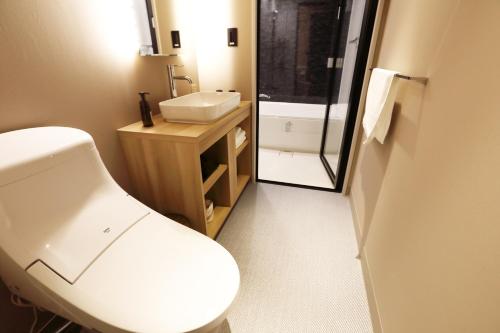 a bathroom with a white toilet and a sink at LOF HOTEL Shimbashi in Tokyo