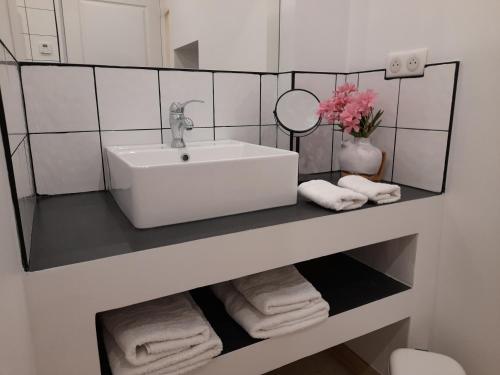 a bathroom with a sink and towels on a shelf at Les Guillaume Rey in Oppède