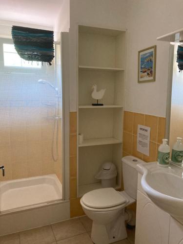Villelongue-de-la-SalanqueにあるMas de la Riviereのバスルーム(シャワー、トイレ、シンク付)