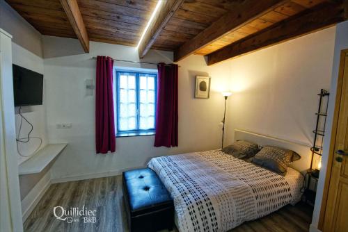 um quarto com uma cama e uma janela em Manoir Pors Braz B&B em Commana