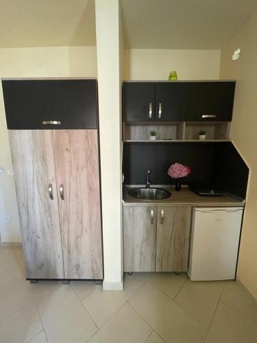 a kitchen with wooden cabinets and a sink at Apartments Pericic in Sutomore