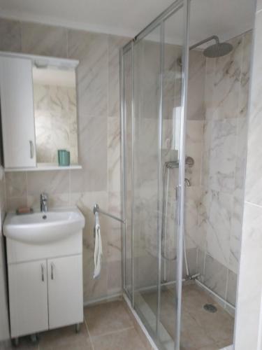 a bathroom with a shower and a sink at Căsuţa de lângă Lac in Saharna Nouă