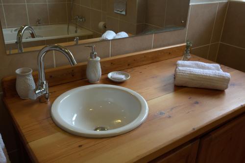 een badkamerbar met een wastafel en een spiegel bij Apple Cottages in George