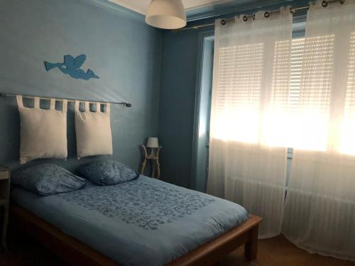 um quarto azul com uma cama e uma janela em Lyon 3 Triangle d'Or em Lyon