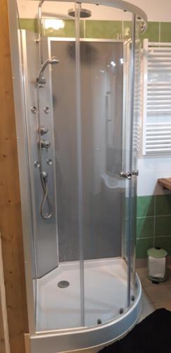 y baño con ducha y puerta de cristal. en Arreau appartement 4 personnes, en Arreau