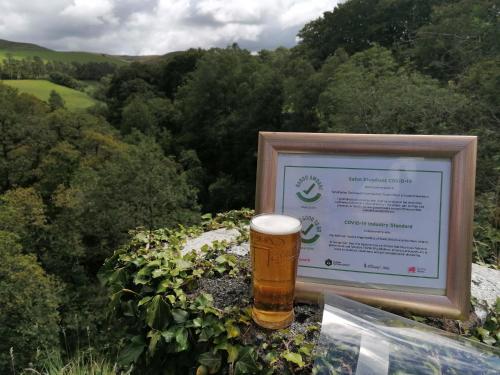 un verre de bière assis sur un panneau dans l'établissement The George Borrow Hotel, à Ponterwyd