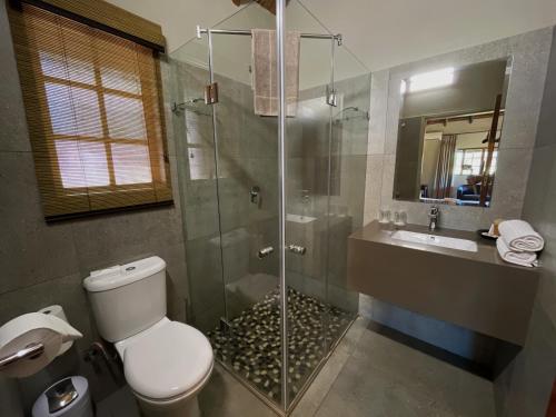 ein Badezimmer mit Dusche, Toilette und Waschbecken in der Unterkunft Mongena Private Game Lodge in Rust de Winter