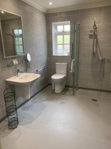 a bathroom with a sink and a toilet and a shower at Mortons Manor in Corfe Castle
