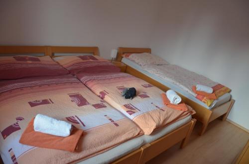 2 camas individuales en una habitación con toallas. en Promenáda Rose Katy - Myši v botě en Lipno nad Vltavou