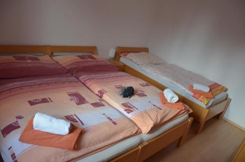 two twin beds in a room with towels on them at Promenáda Rose Katy - Myši v botě in Lipno nad Vltavou