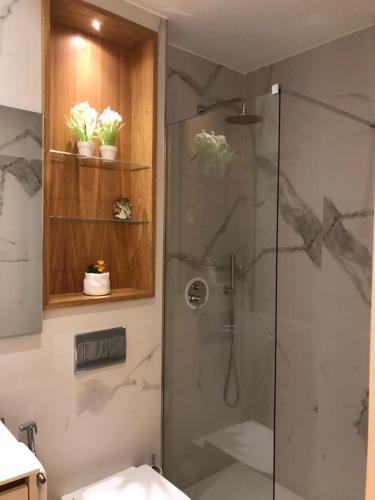 a shower with a glass door in a bathroom at Vila do Conde - Os Maias in Vila do Conde