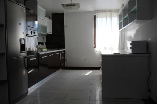 eine Küche mit schwarz-weißen Geräten und einem Fenster in der Unterkunft Villa Čengić in Sarajevo