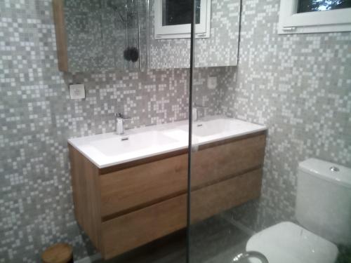 łazienka z umywalką i toaletą w obiekcie La Coccinelle w mieście Tellin