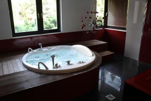 a bath tub in a bathroom with a window at Villa Čengić in Sarajevo