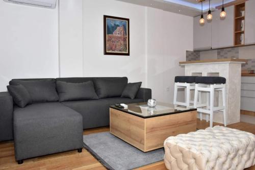 ein Wohnzimmer mit einem Sofa und einem Tisch in der Unterkunft Apartman Ferona in Pasuljište