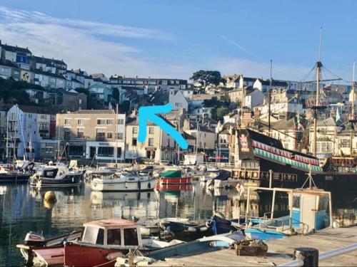 a group of boats docked in a harbor with buildings at Saltys Cottage, Brixham - 2 min walk to the harbour in Brixham