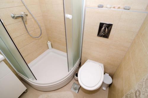 La petite salle de bains est pourvue d'une douche et de toilettes. dans l'établissement Apartment Ira, à Dubrovnik