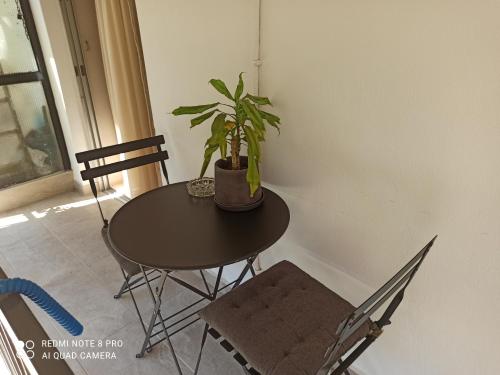 a dining room table with a plant and two chairs at Lavender2 in Kalamata