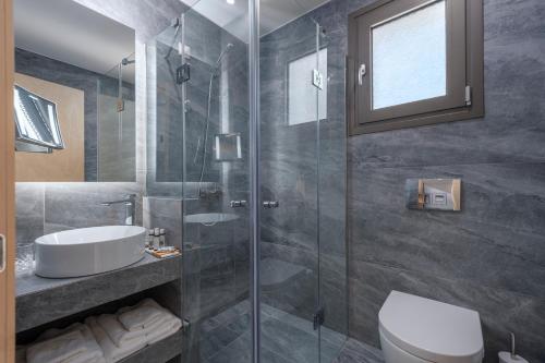 a bathroom with a shower and a toilet and a sink at ALPE LUXURY ACCOMMODATION Penelope Collection in Olympiada