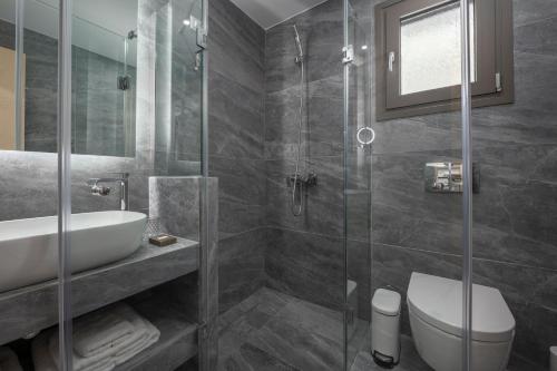 a bathroom with a shower and a sink and a toilet at ALPE LUXURY ACCOMMODATION Penelope Collection in Olympiada