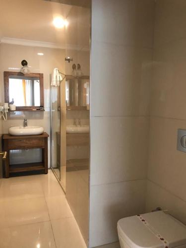 a bathroom with a shower and a toilet and a sink at Infinity Ruby Hotel in Fethiye