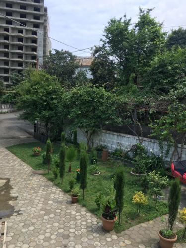 a garden with plants and trees on a sidewalk at Nargiz's Guest House in Batumi
