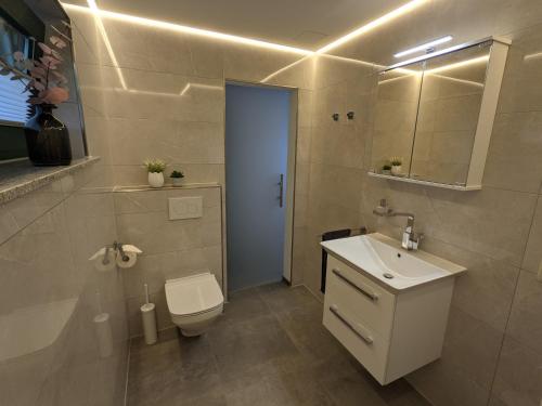 a bathroom with a white toilet and a sink at Ferienwohnung Am Waldweg in Kaisersesch
