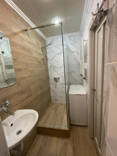 W łazience znajduje się prysznic, umywalka i toaleta. w obiekcie Light-studio apartment in the center city w Lwowie