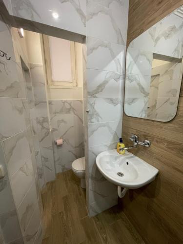 W łazience znajduje się umywalka, toaleta i lustro. w obiekcie Light-studio apartment in the center city w Lwowie
