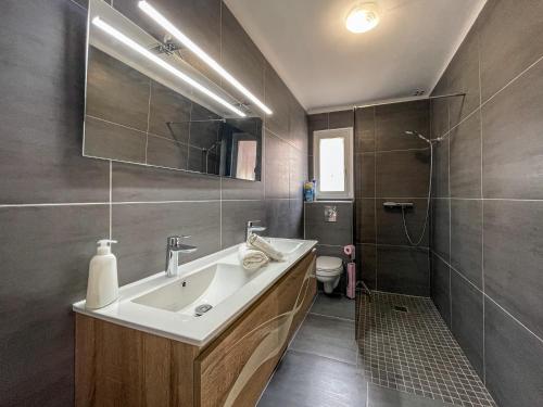une salle de bain avec un lavabo, une douche et des toilettes dans l'établissement T2 tout équipé à 2 min de la plage ménage inclus 2, à Banyuls-sur-Mer