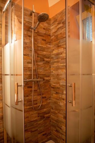 a shower in a bathroom with a wooden wall at La loggia dei frati in Cannero Riviera