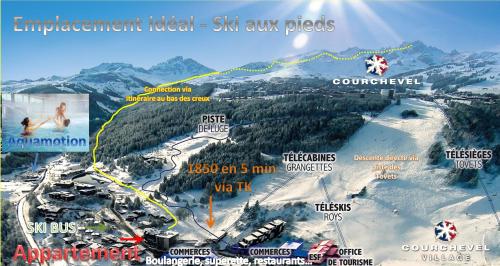 a map of a ski resort with a ski slope at Courchevel 1550 – VERITABLE SKI AUX PIEDS – APPARTEMENT LES TOVETS T2 – 47m2 – 4P in Courchevel