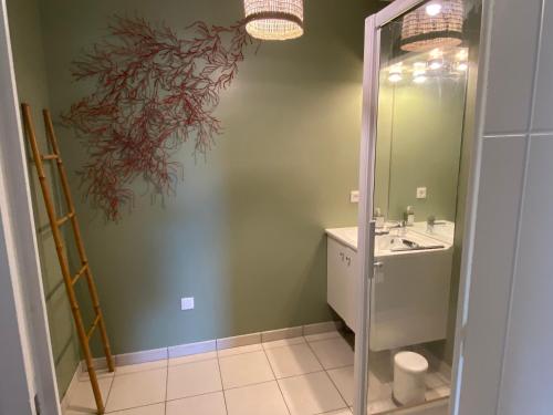 een badkamer met een wastafel en een spiegel bij LOGEMENT en rdc Port Haliguen in Quiberon