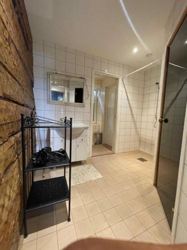 y baño con ducha a ras de suelo y lavamanos. en Haapsalu Guesthouse, en Haapsalu