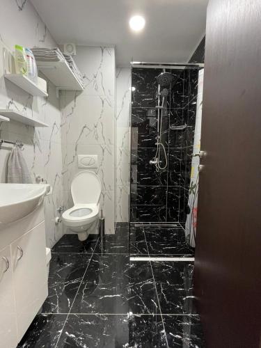 a black and white bathroom with a toilet and a shower at Lake View Tašić 1 in Veliko Gradište
