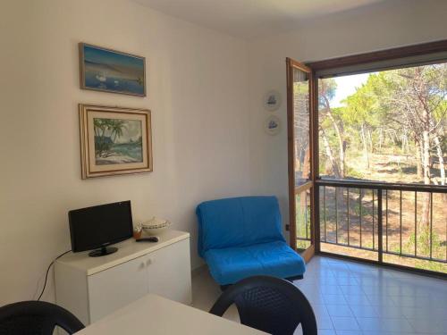 uma sala de estar com uma cadeira azul e uma janela em Arboria Sun & Sea em Sorso