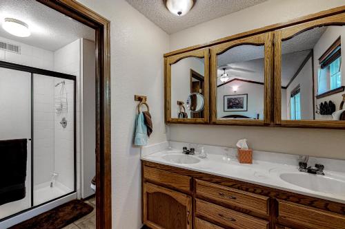 Un baño con lavabo, espejo y ducha. en It's Cabin Time, en Groveland