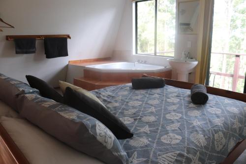 a bedroom with a bed and a tub and a sink at LAKE VIEW CHALET 10 minutes to Australia Zoo Landsborough Montville Maleny Caloundra Beaches Glasshouse mountains Big Kart Track in Landsborough