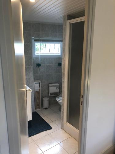 une salle de bain avec toilettes et fenêtre dans l'établissement Maisonnette quercynoise, à Bétaille