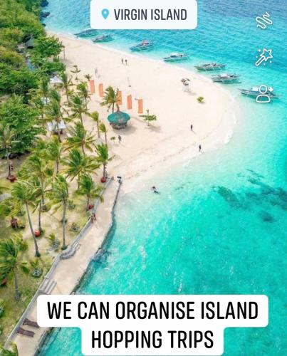 an image of a beach with the words we can organise island hopping trips at Paradise Beach Guest House in Bantayan Island