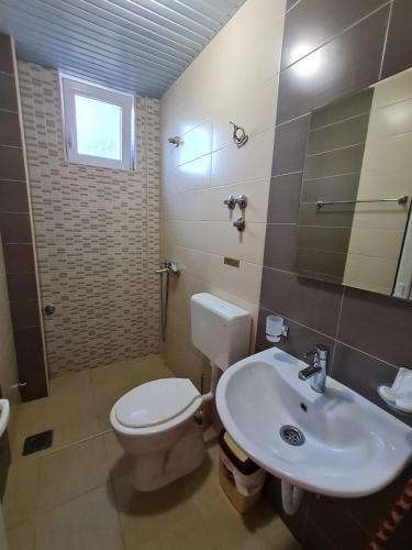 a bathroom with a white toilet and a sink at Vila Stefan in Star Dojran