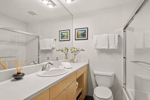 a bathroom with a sink and a toilet and a shower at Sagewood 8 in Aspen