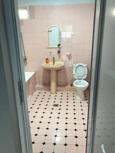 a pink bathroom with a sink and a toilet at Bubu's Home in Batumi