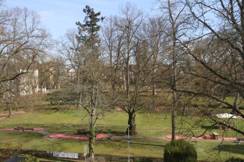 ein Park mit einer Bank und Bäumen auf einem Feld in der Unterkunft Ferienwohnung Naheblick in Bad Kreuznach