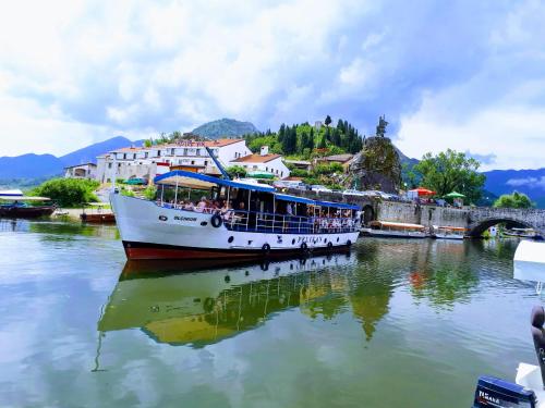 a boat in a river with people on it at Hotel Pelikan in Virpazar