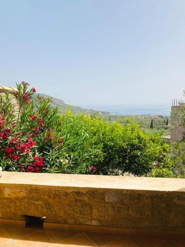 a stone bench in front of some flowers at Orfea's Place in Riglia